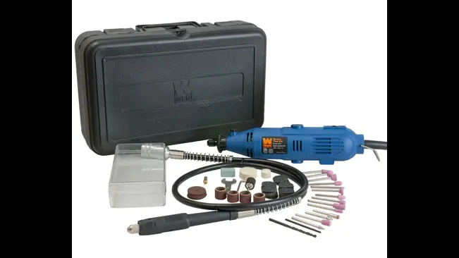 WEN 2305 rotary tool kit with flex shaft and assorted attachments, displayed alongside its carrying case.