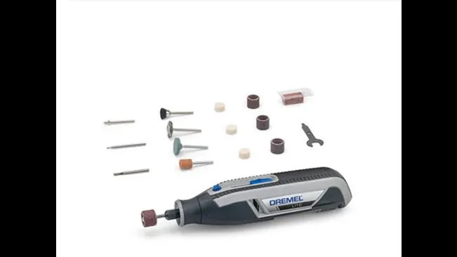 Dremel Lite 7760-N/10 Rotary tool with various accessories and a wrench, in gray and blue.