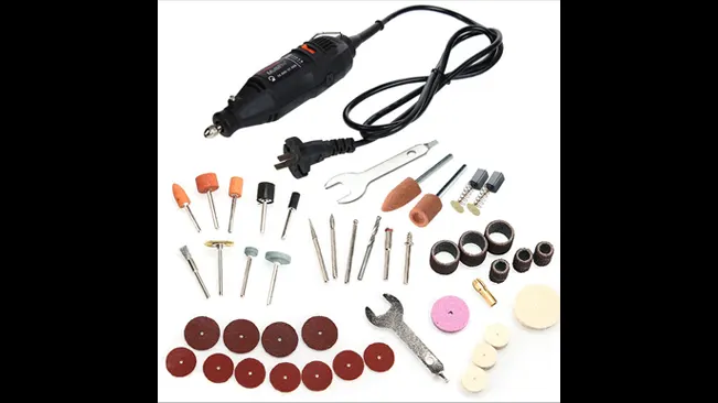 Goxawee Rotary Tool Kit with assorted attachments for grinding, cutting, and sanding, including a power cord and wrench.
