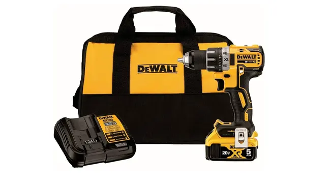 DeWalt 20V MAX XR DCD800D2 cordless drill with battery, charger, and carrying bag.