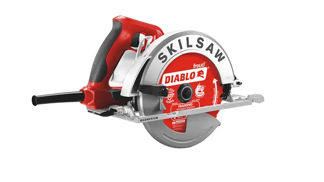 Red and silver Skil Sidewinder circular saw with a Diablo blade.