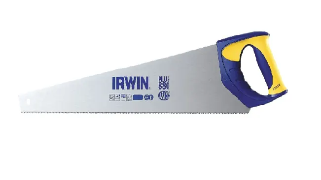 Irwin Tools Universal hand saw with a blue and yellow handle.