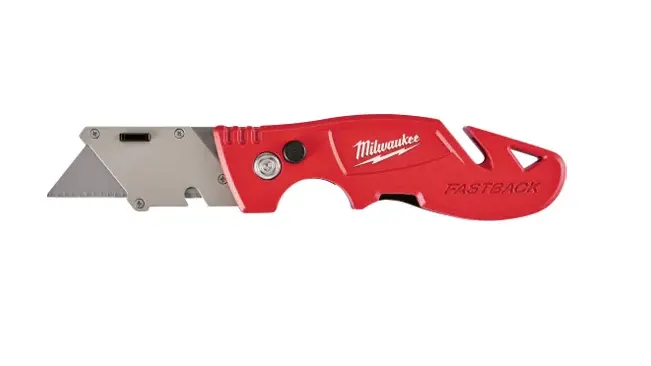 Milwaukee 48-22-1903 Fastback flip utility knife with red handle and blade storage.