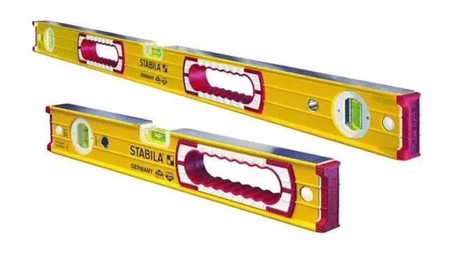 stabila 37816 set of two aluminum box beam levels, 48-inch and 16-inch, in yellow and red.