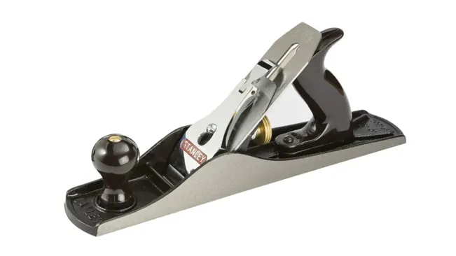 Stanley No. 4 smoothing bench plane with a black and silver finish and wooden handle.