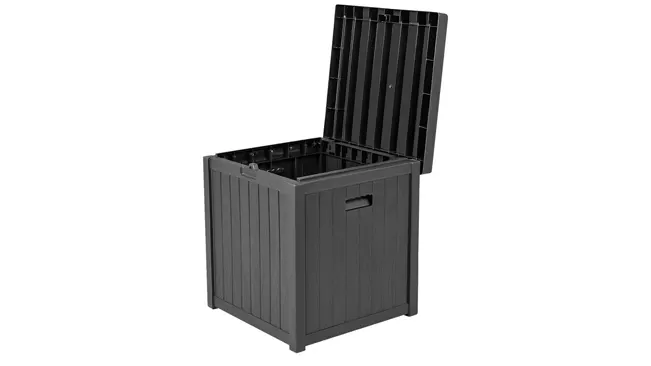 Open charcoal East Oak 31-Gallon Outdoor Storage Box.