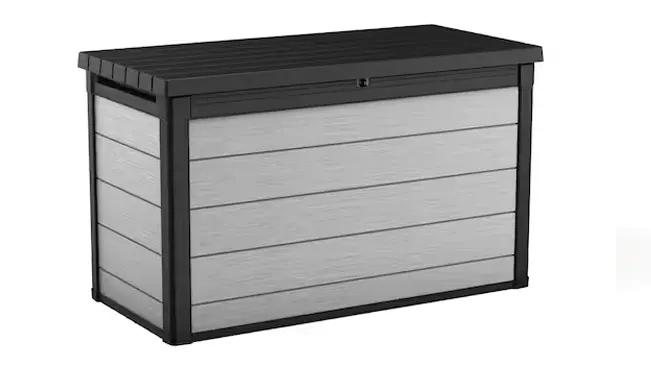 Modern Keter Denali 200-Gallon Outdoor Storage Box in dual-tone grey and black.