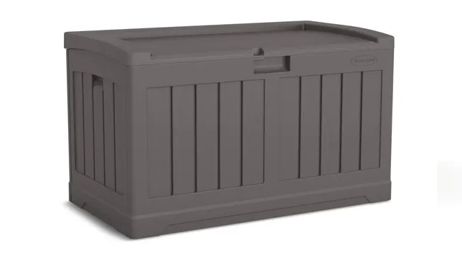 Suncast Resin 50-Gallon Deck Box in dark taupe.