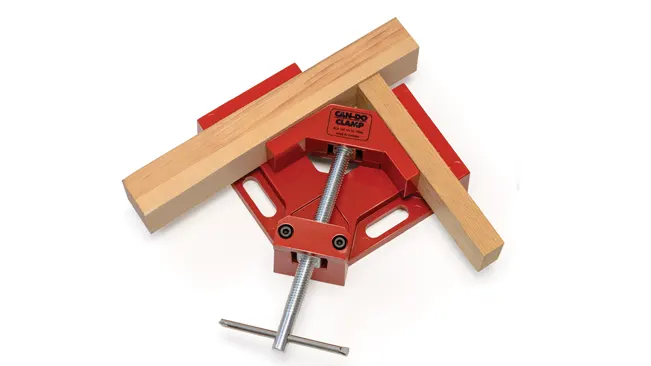 MLCS 9001 Can-Do Clamp securing wooden pieces on white background.