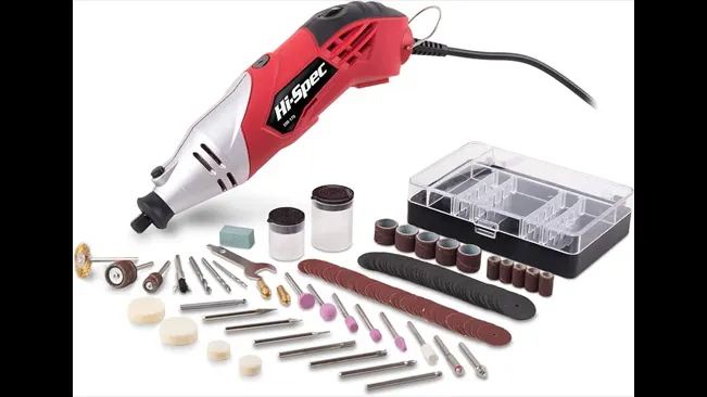 Hi-Spec Variable-Speed Rotary Tool in red and white with a selection of bits and sanding drums displayed alongside an organizer case.