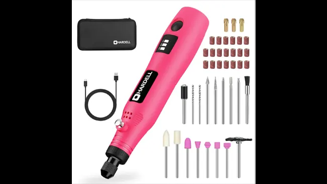 Hardell Mini Rotary Tool in pink with various accessories and a carrying pouch.