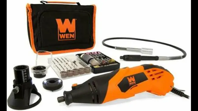 WEN Steady-Grip Rotary Tool in orange with a flex shaft and 190-piece accessory kit, including a carrying case.