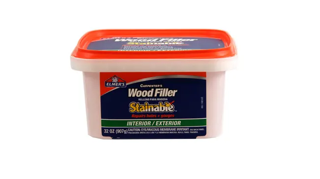 Container of Elmer’s E892 Stainable Wood Filler for interior and exterior use.