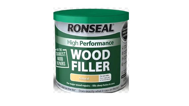 Tub of Ronseal High-Performance Wood Filler in natural color.