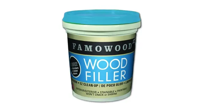 Tub of FamoWood 40022126 Latex Wood Filler.