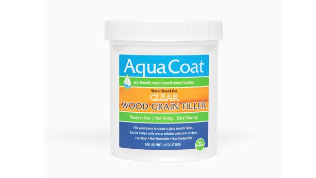 Jar of Aqua Coat Clear Wood Grain Filler.