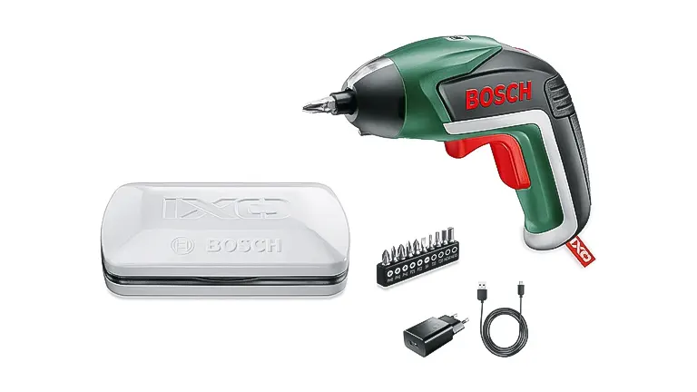 Bosch IXO V cordless screwdriver with bit set, charging cable, and storage case