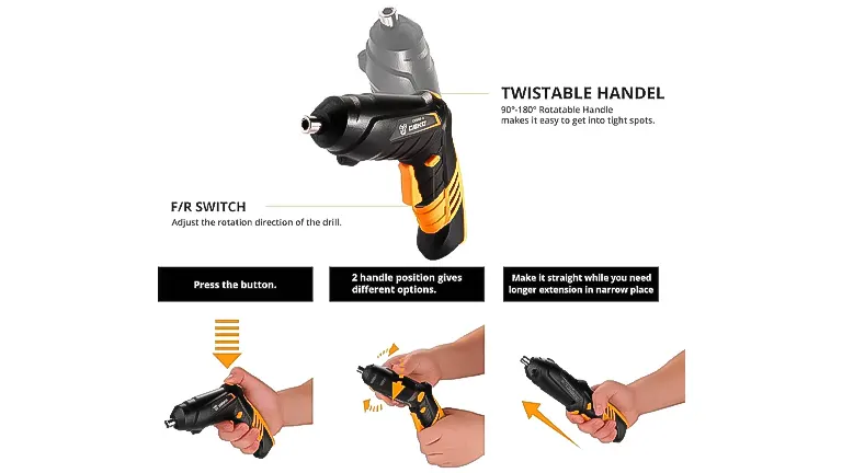 DEKOPRO cordless screwdriver with a twistable handle and forward/reverse switch, demonstrated in multiple positions