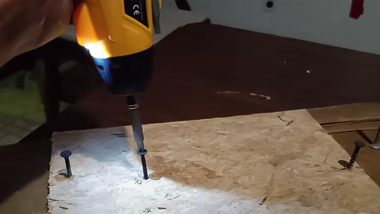 Hand holding a DEKOPRO 3.6V electric screwdriver inserting a screw into a plywood board