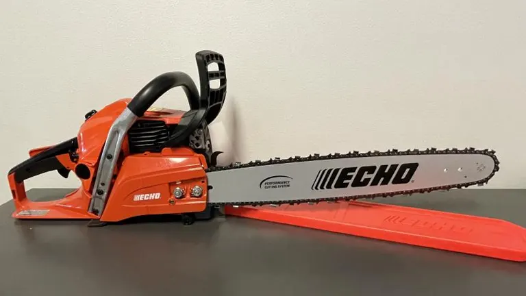  ECHO CS-501P Chainsaw sitting on the table with chain bar cover