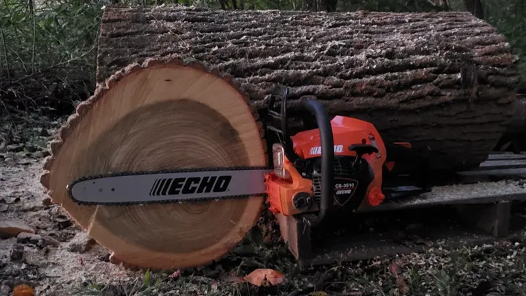 ECHO CS-3510 cut big log and sitting next to it 