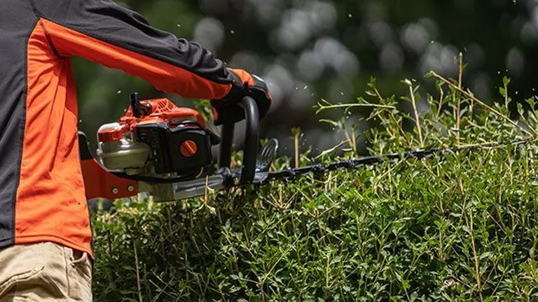 Person using Echo HC-2020 trimming hedge