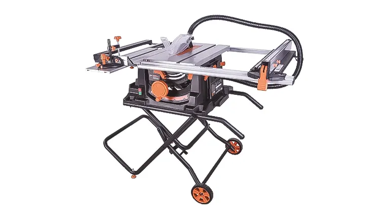 Compact folding table saw with orange and black accents, featuring a multi-material cutting blade, built-in laser guide, and dust collection system