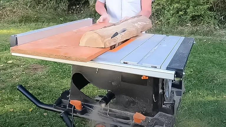Person using an Evolution Rage 5-S Table Saw to cut a wooden plank, highlighting the saw's active use and functionality