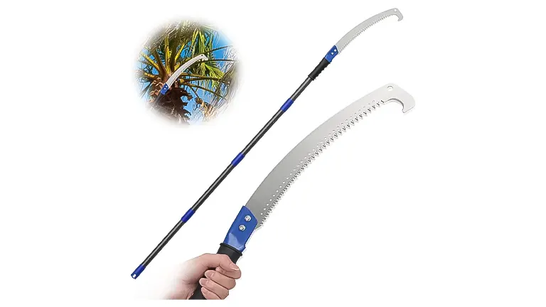 Hand holding a blue extendable pole saw with a curved saw blade, with an inset circle showing a palm tree