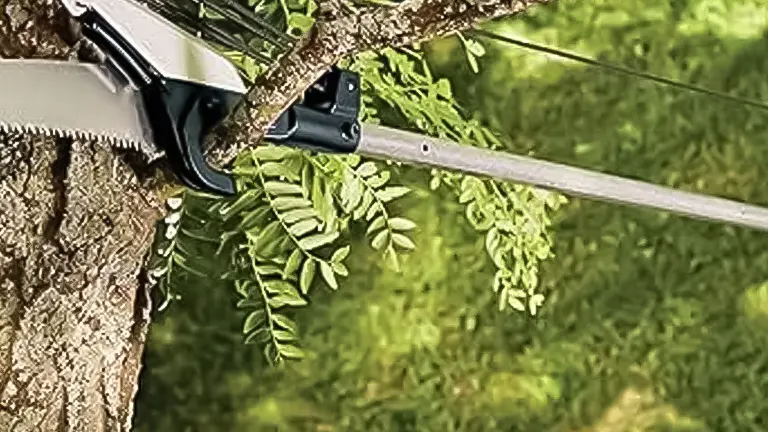 Close-up of a FISKARS extendable pole tree pruner with saw attachment trimming a tree branch among leaves
