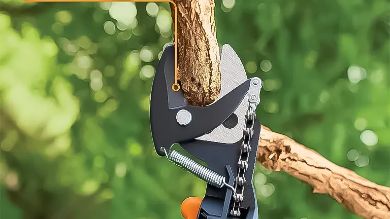 FISKARS extendable pole pruner clipping a thick tree branch, with a focus on the pruner's blade and mechanism