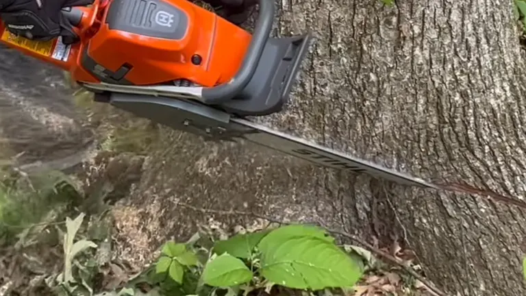Person cutting the trunk of the tree using Husqvarna 592 XP Chainsaw