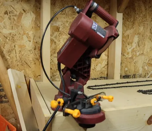 Harbor Freight Chainsaw Sharpener clamp in the wooden table