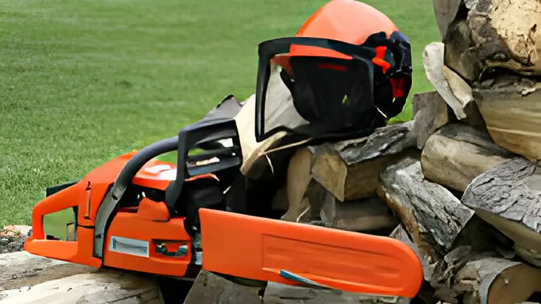Husqvarna Chainsaw laying in the logs with helmet on it