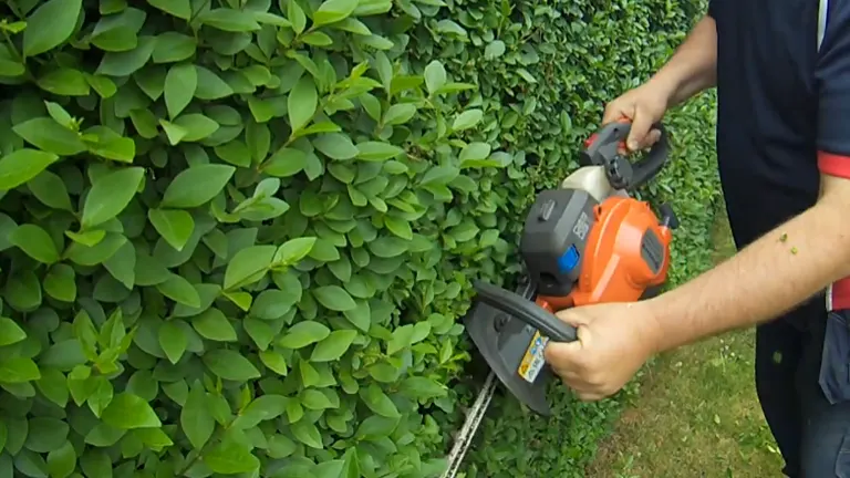 Person using Husqvarna 122HD60 cutting lower part of the hedge