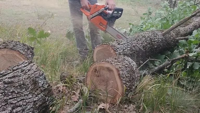 Person cutting log into pieces using Husqvarna 372 XP Chainsaw