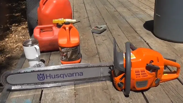 Husqvarna 460 Rancher sitting on a wood deck with gasoline, oil and mug beside 
