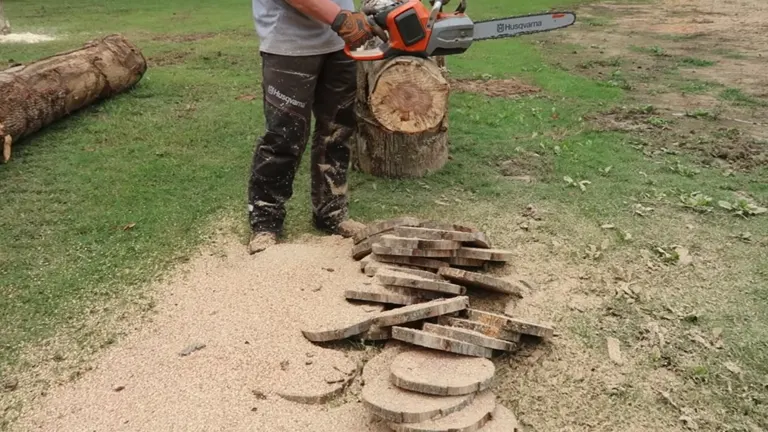 Person putting the Husqvarna 540i XP in the edge of the log with cutted wood logs below