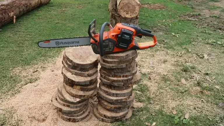 Husqvarna 540i XP Chainsaw sitting on a pile of wood log cut