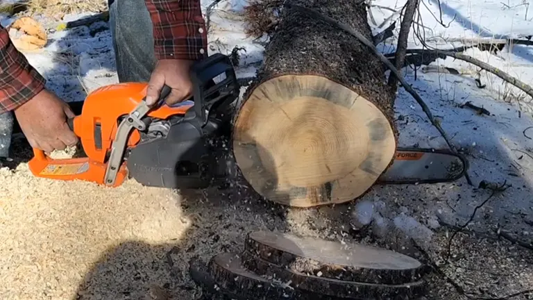 Person cutting log using Husqvarna 545 Mark II Chainsaw in the snow area