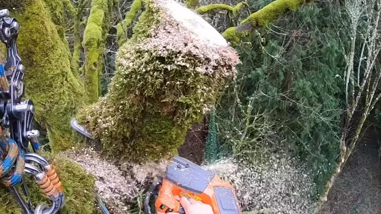 An arborist cutting mossy tree using Husqvarna T540i XP Chainsaw