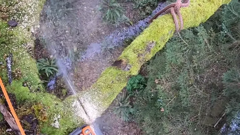 Person cutting the mossy branch with a rope on it using Husqvarna T540i XP Chainsaw