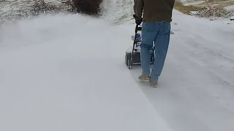 Person pushing the Kobalt 40V Snow Blower in the driveway