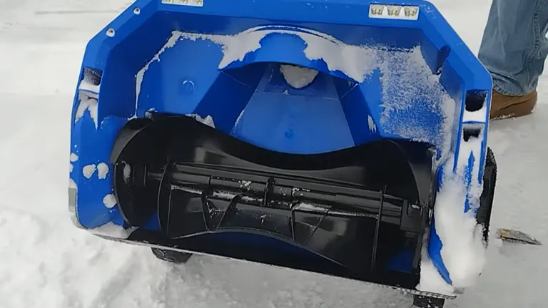 Person lift the Kobalt 40V Snow Blower and shows the rubber paddles