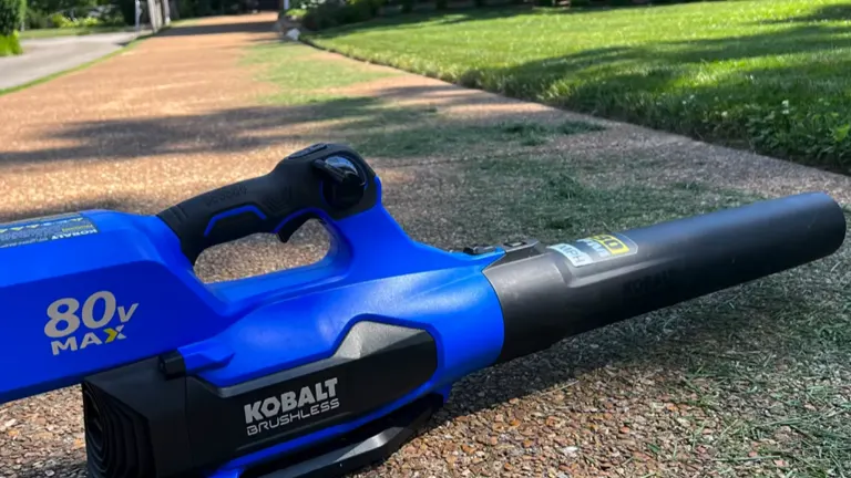 Kobalt 80V Leaf Blower sitting garden walkpath