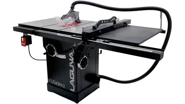 Laguna F3 Fusion Table Saw with clear guard and dust collection hose