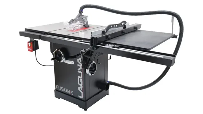Laguna Fusion F2 Table Saw with clear guard and dust collection system.