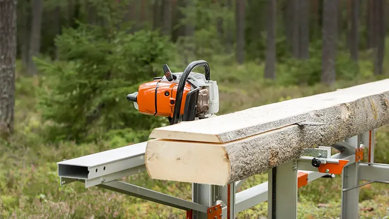 Logosol F2 Chainsaw Mill cutting through a large log in a forest setting.