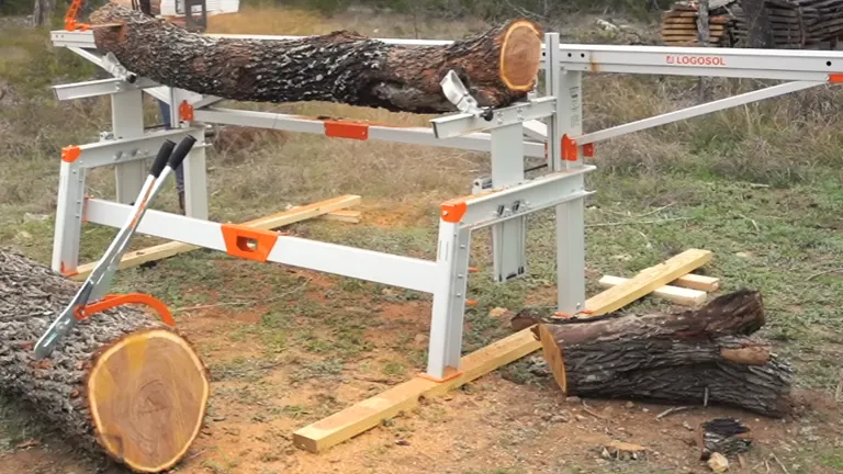 Logosol F2 Chainsaw Mill in action, cutting through a large log in an outdoor setting.
