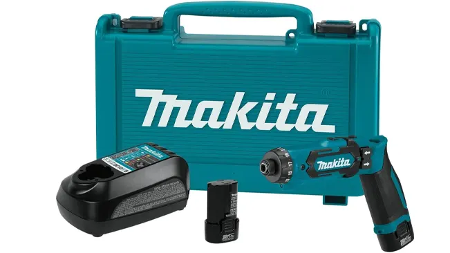 Makita Cordless Driver-Drill, battery, charger, and branded case on white.